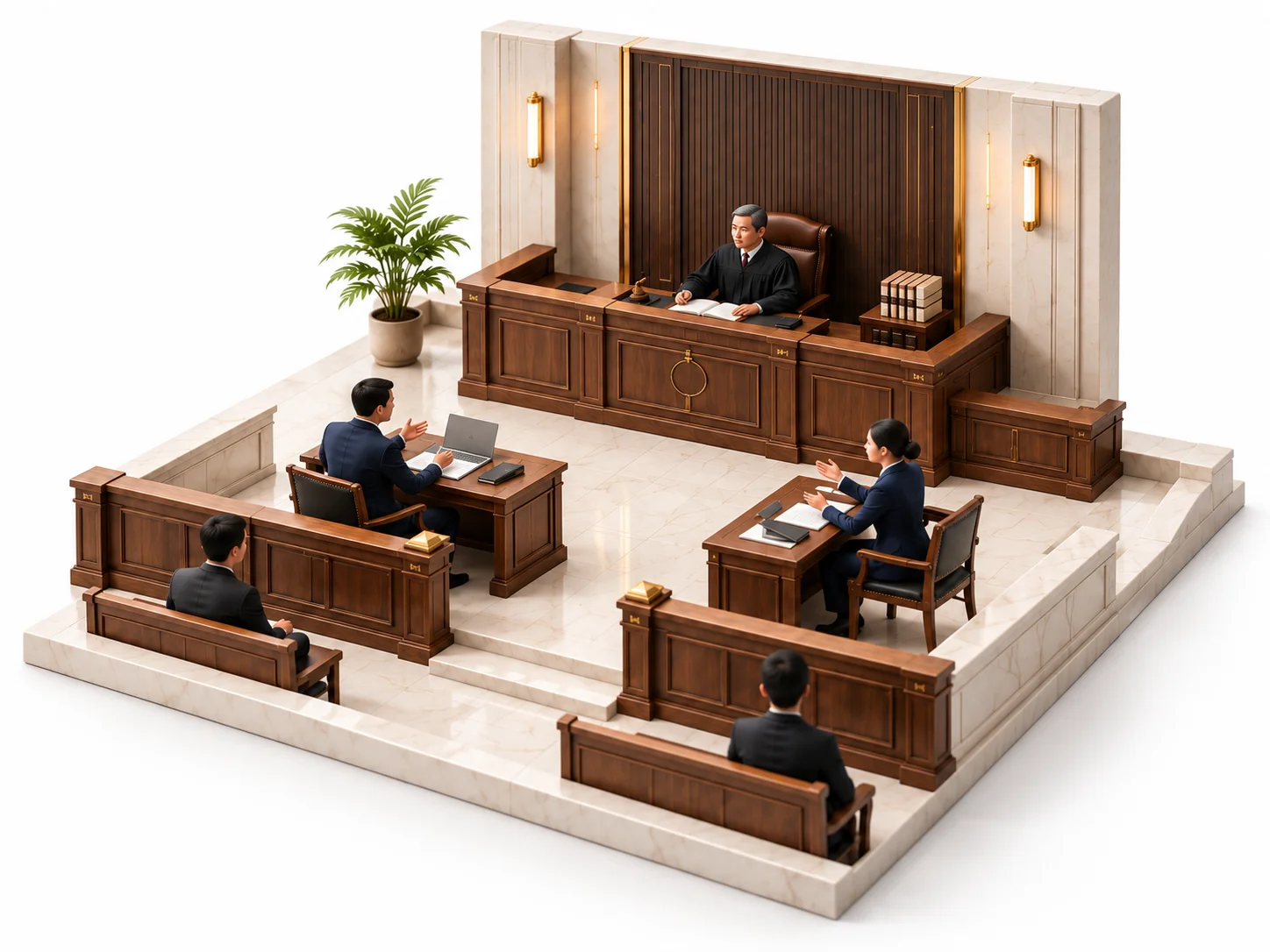 Realistic miniature courtroom with judge and opposing counsel