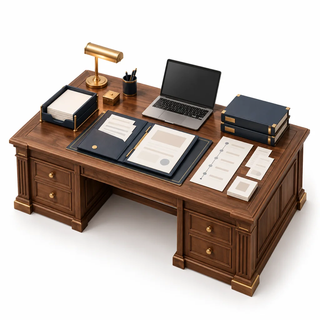 Isometric desk with organised evidence and case documents