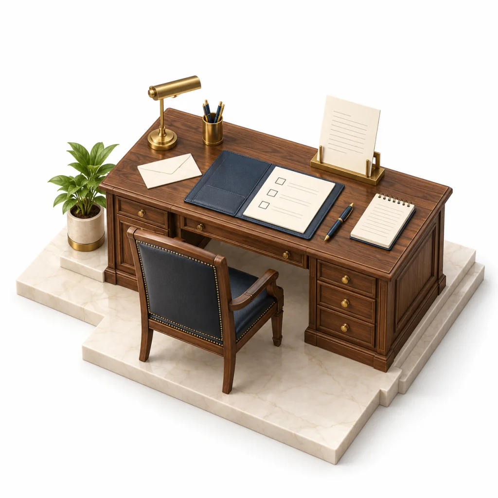 Isometric planning desk with checklist and letter